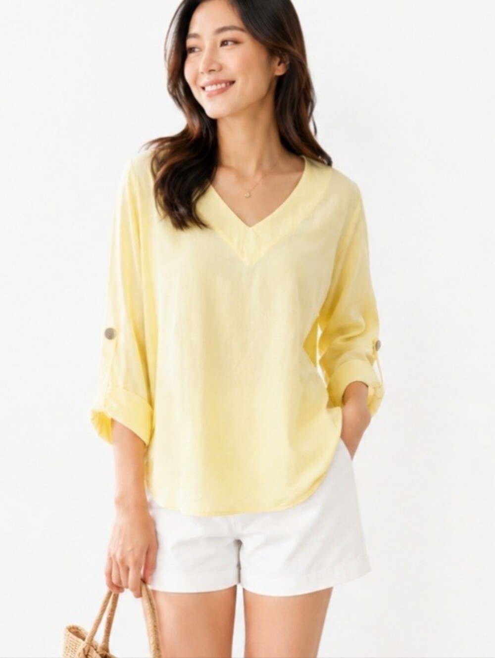Soft Surroundings Yellow Lyocell Tunic Top Roll Tab Sleeve V-Neck Large